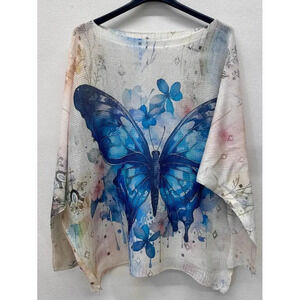 L58 Loowie Blue Butterfly Round Knit Printed Sweater One Size